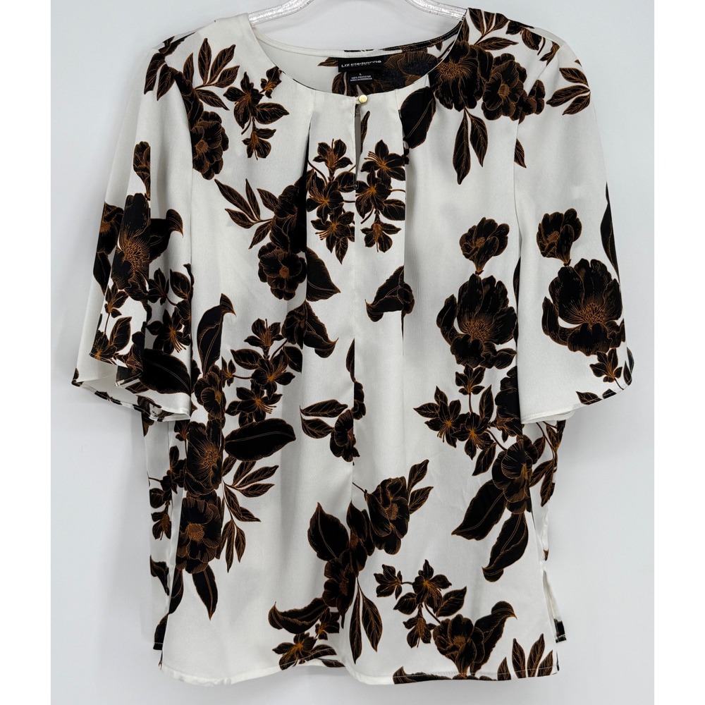 Liz‎ Claiborne Career Womens Floral Flutter Sleeve Blouse White Black Brown Sz L